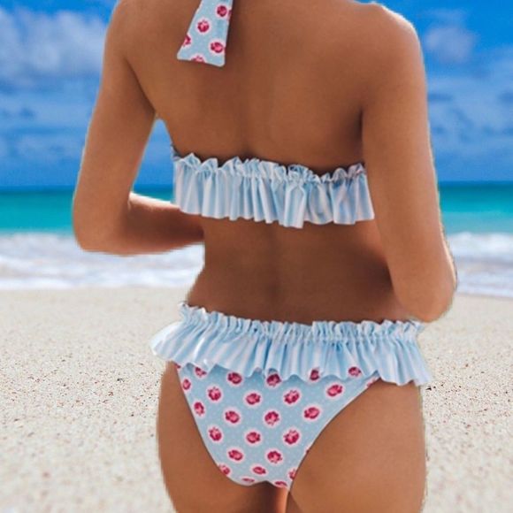 NIB $59 Misty Pearl | Ruffled Bikini | Floral & Coastal Stripes | Nylon/Spandex - Picture 3 of 6